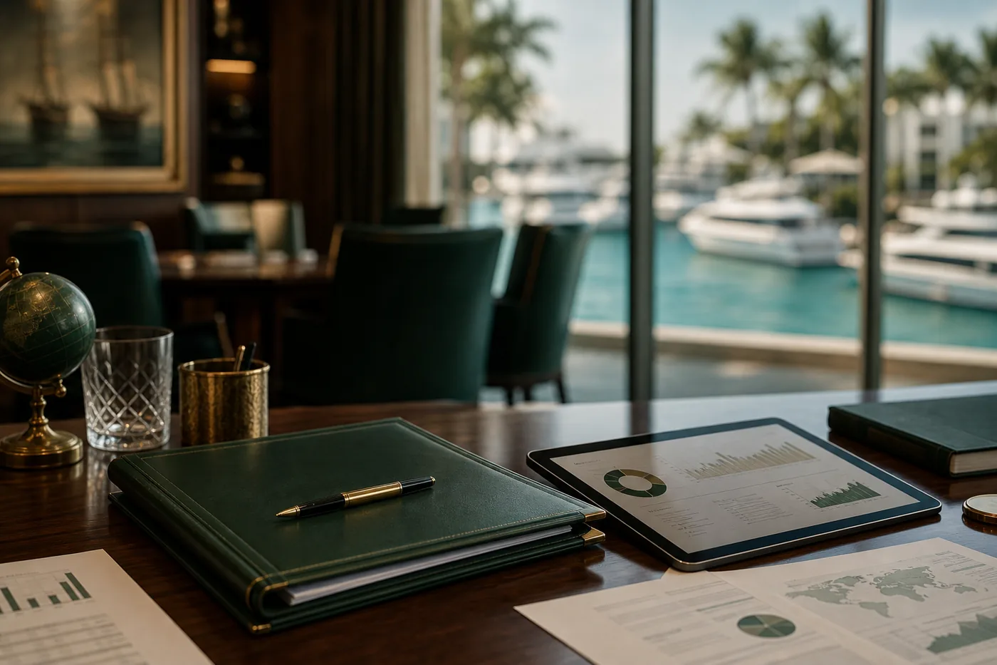 Private offshore wealth office with marina view